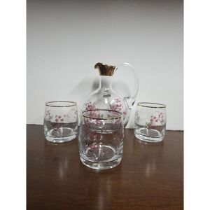 Vintage Bohemian Glass Crystal Decanter with 3 Glasses Floral‎ Design Gold Trim